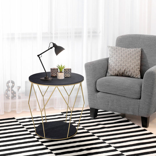 HOMCOM Round Coffee Table with Storage, Modern Sofa Side Table with Metal Frame, End Table for Bedroom, Living Room, Black and Gold, 45 x 45 x 48 cm