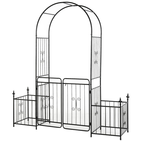 Outsunny Metal Garden Arbor Arch with Double Doors, 2 Side Planter Baskets, Climbing Vine Frame, Black