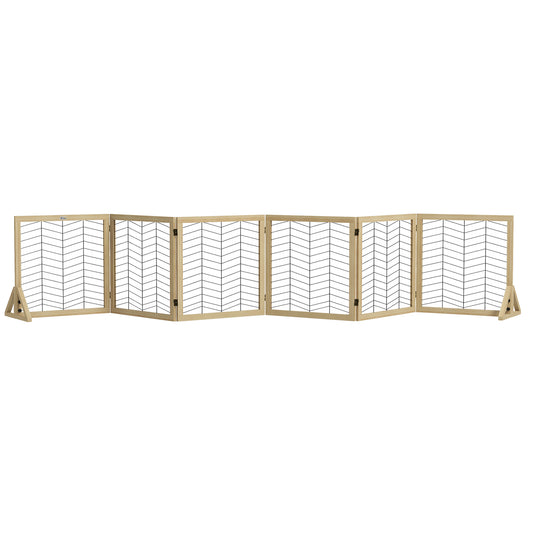 PawHut 6 Panels Pet Gate, Wooden Foldable Dog Barrier w/ Two Support Feet, for Small, Medium Dogs - Natural Wood