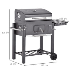 Outsunny Charcoal Grill BBQ Trolley with Adjustable Charcoal Grate, Garden Metal Smoker Barbecue with Shelf, Side Table, Wheels, Built-in Thermometer, Bottle Opener