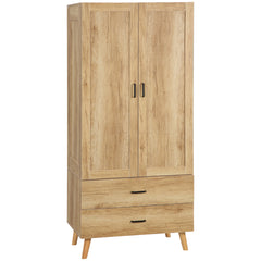 HOMCOM 2 Door Wardrobe, Modern Wardrobe with 2 Drawer and Hanging Rail for Bedroom, Natural