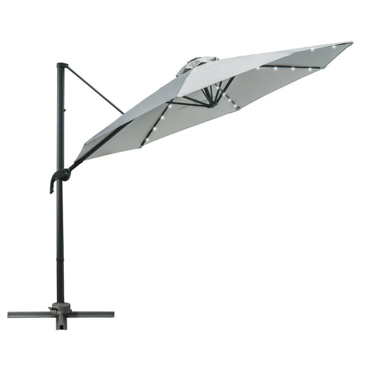 Outsunny 3(m) LED Cantilever Parasol Garden Sun Umbrella w/ Cross Base and Solar Lights Grey