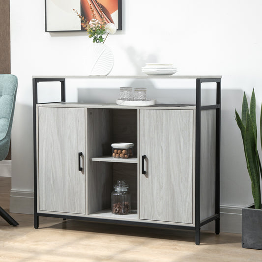 HOMCOM Modern Sideboard, Steel Frame Storage Cabinet with 2 Doors and Adjustable Shelves for Living Room, Hallway, Light Grey