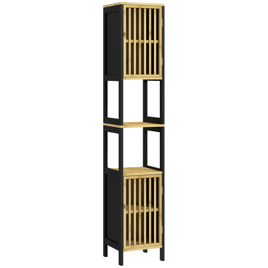 HOMCOM Bamboo-Blend Retro Cut-Out Tall Bathroom Storage Unit