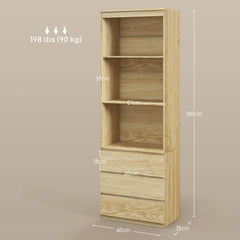 HOMCOM 180cm Tall Bookcase, with Shelves and Drawers - Wood Effect