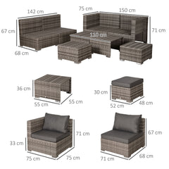 Outsunny 8 Pieces PE Rattan Sofa Set with Cushions, Garden Corner Sofa with 4 Seater Sofa, 2 Footstools and 2 Coffee Table Set, Space-saving Design, No Assembly Required, Grey