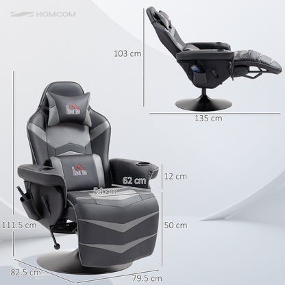 HOMCOM Massage Recliner Chair with Remote, PU Leather Recliner Armchair with Cup Holders and Side Pockets, Racing Style Reclining Chair with Headrest, 360√Ç¬∞ Swivel, Lumbar Support, Grey