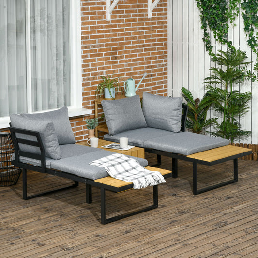 Outsunny 3 Pieces Patio Furniture Set, Outdoor Garden Sofa Conversation Set w/ Padded Cushions, Wood Grain Plastic Top Table and Side Panel, Dark Grey