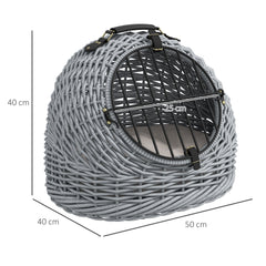 PawHut Wicker Pet Carrier Basket Cat Kitten Bed Portable Travel Cage w/ Soft Cushion Handle Grey 50 x 40 x 40 cm