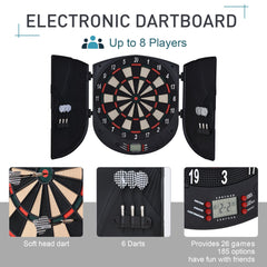 HOMCOM Electronic Dartboard Set 26 Games and 185 Variations with 6 Darts and Cabinet to Stroage Multi-Game Option Ready-to-Play