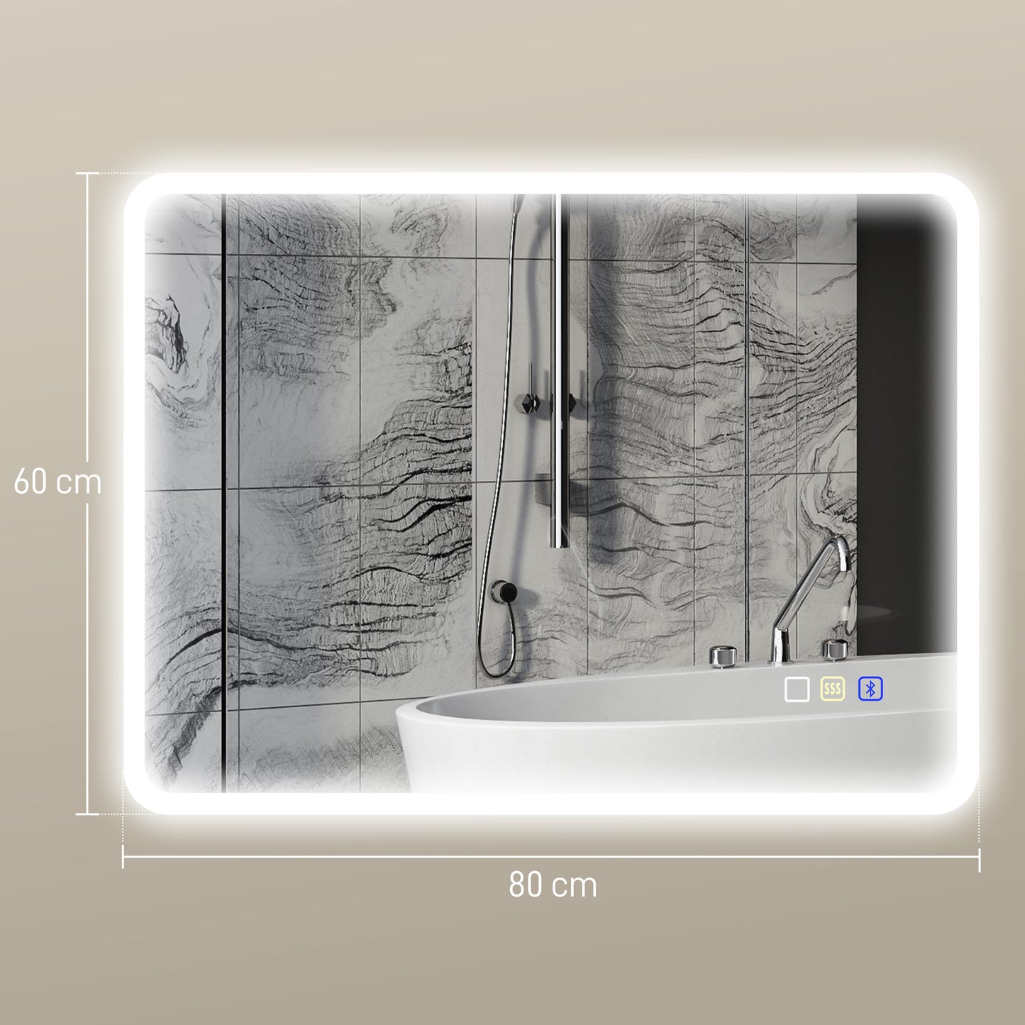 مرآة حمام LED من هومكوم، مقاس 80 × 60 سم، مزودة بتقنية البلوتوث - لون فضي