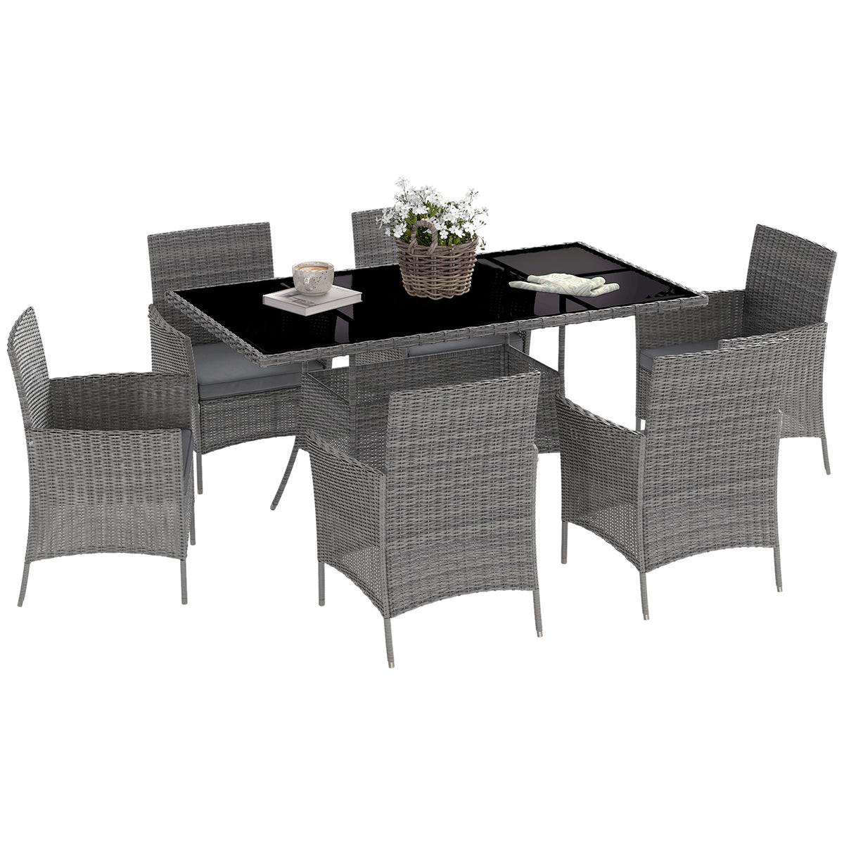 Outsunny 7-Piece Rattan Garden Furniture Set with Cushions, 6 Seater Garden Table and Chairs, Rattan Dining Set with 6 Armchairs, Rectangular Glass Top Table, Charcoal Grey