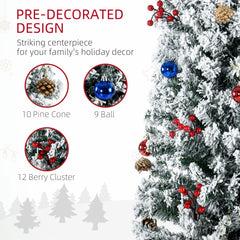 HOMCOM 7ft Snowy Artificial Christmas Tree, with Lights, Decorations and Pine Cones