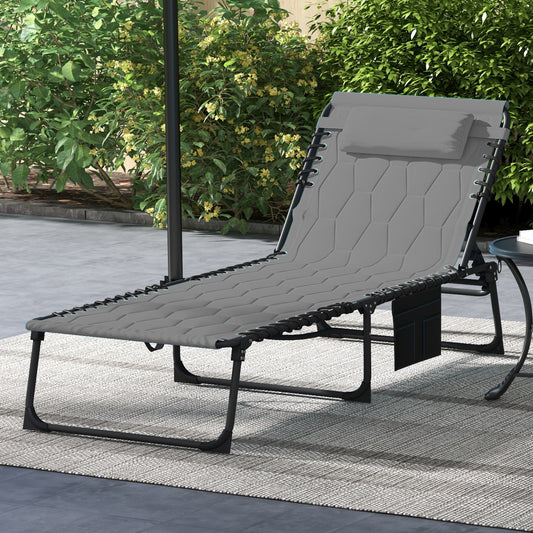 Outsunny Foldable Sun Lounger with 5-level Reclining Back, Outdoor Tanning Chair Sun Lounger with Build-in Padded Seat, Side Pocket, Headrest for Beach, Yard, Patio, Grey