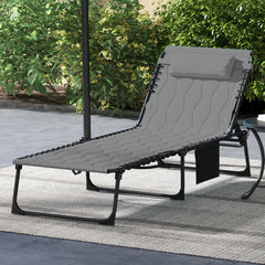 Outsunny Foldable Sun Lounger with 5-level Reclining Back, Outdoor Tanning Chair Sun Lounger with Build-in Padded Seat, Side Pocket, Headrest for Beach, Yard, Patio, Grey