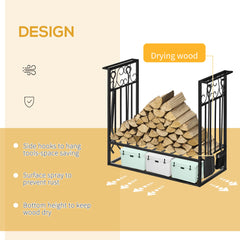 حامل حطب من الفولاذ من HOMCOM للاستخدام الداخلي والخارجي مع رف تخزين الحطب للمدفأة مع 4 أدوات وخطافات ولفائف ومقاومة للصدأ، باللون الأسود، 75 طول × 30 عرض × 60 ارتفاع سم