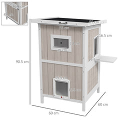 PawHut Outdoor 2 Tiers Wooden Cat Shelter w/ Removable Bottom, Escape Doors, Asphalt Roof, for 1-2 Cats - Light Grey