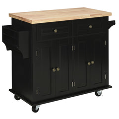 HOMCOM Rolling Kitchen Island Storage Trolley with Rubber Wood Top & Drawers for Dining Room, Black