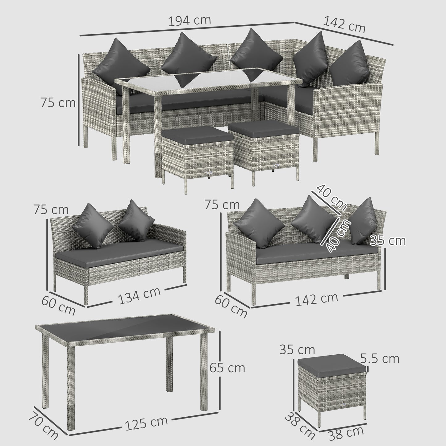 Outsunny tsunny 6-Seater Rattan Dining Set Sofa Table Footstool Outdoor w/ Cushion Garden Furniture, Dark Grey