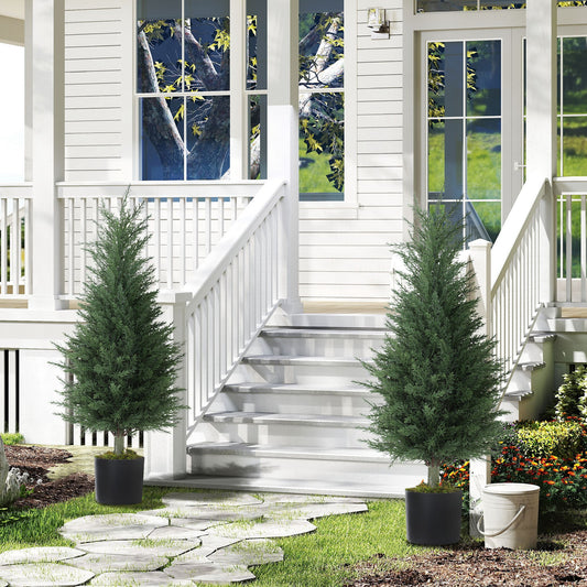 HOMCOM Set of 2 Decorative Artificial Plant, 90 cm Cypress Tree with 362 Leaves in Pot, UV-Resistant Plastic Fake Tree for Indoor Outdoor Home Office