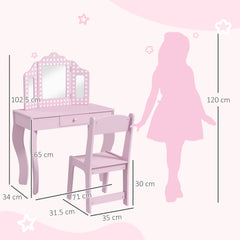 AIYAPLAY Kids Dressing Table Sets with Stool and Tri-Fold Mirror, Drawer for Playroom, Bedroom - Pink