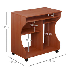 HOMCOM Multi-Storage Compact Work Desk, with Wheels - Cherry Wood Colour