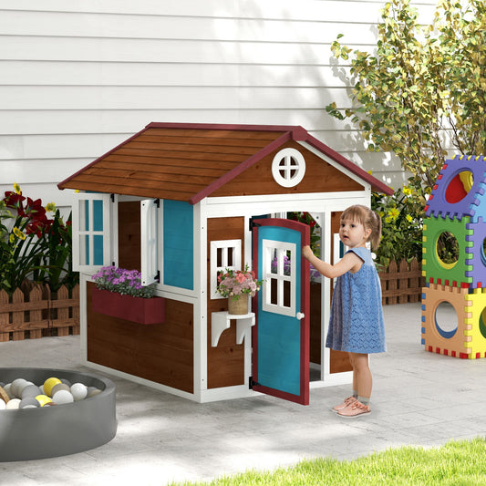 Outsunny Wooden Playhouse with Doors, Windows, Plant Pots, Boxes, for 3-8 Years - Dark Brown