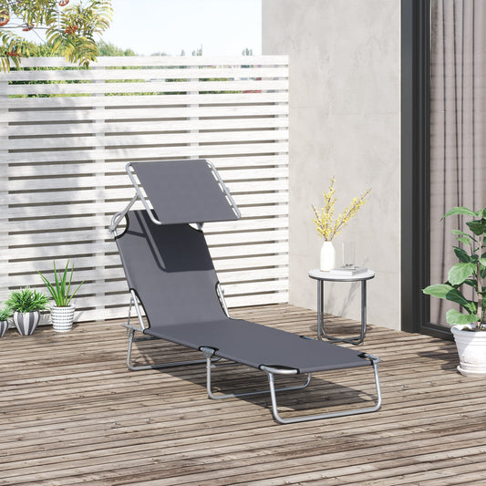 Outsunny Outdoor Foldable Sun Lounger, 4 Level Adjustable Backrest Reclining Sun Lounger Chair with Angle Adjust Sun Shade Awning for Beach, Garden, Patio, Grey