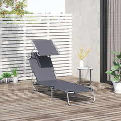 Outsunny Outdoor Foldable Sun Lounger, 4 Level Adjustable Backrest Reclining Sun Lounger Chair with Angle Adjust Sun Shade Awning for Beach, Garden, Patio, Grey