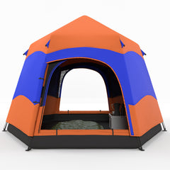 Outsunny Six Man Hexagon Camping Tent with Hang Hook and Carry Bag - Orange and Blue