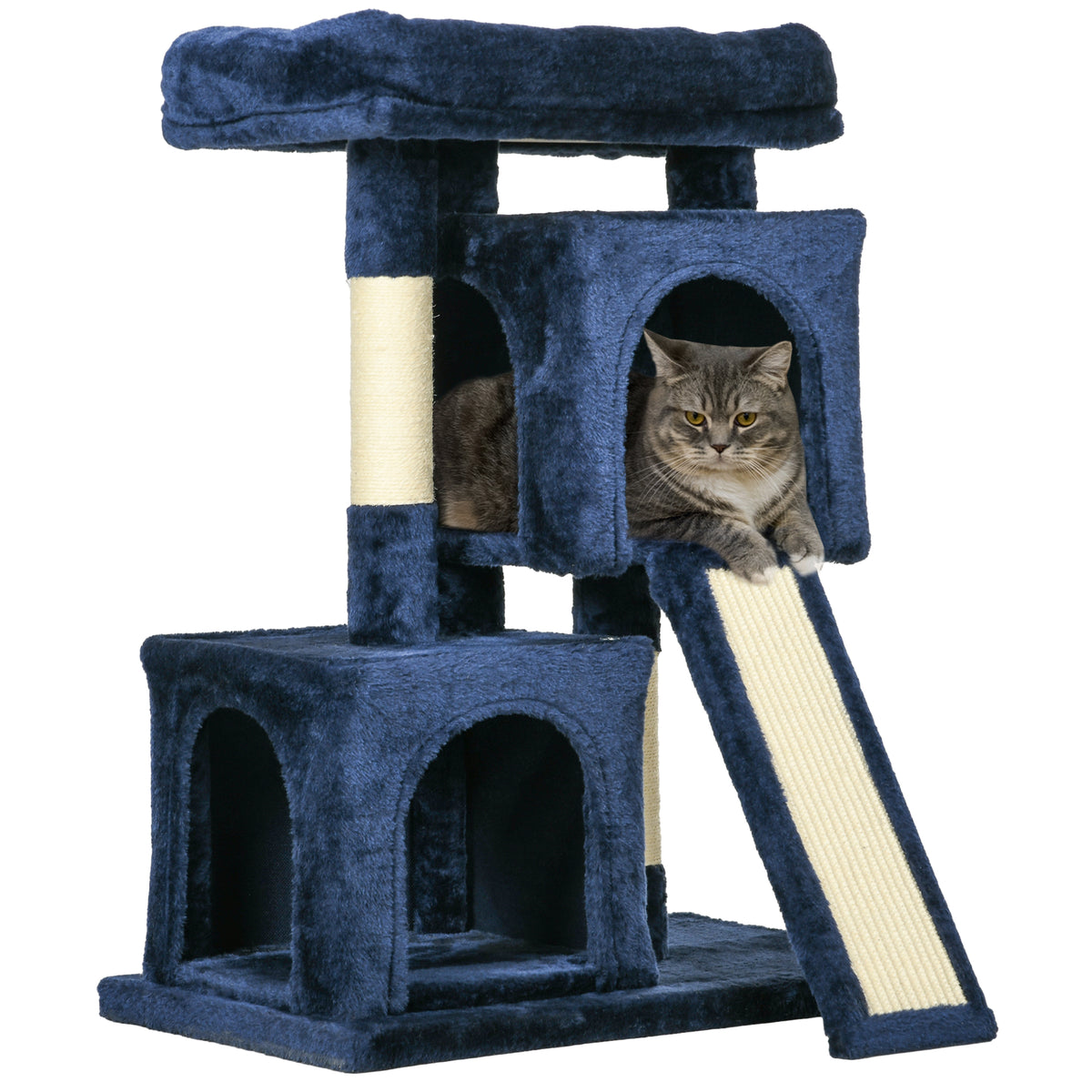 PawHut Sisal Cat Rest & Play Activity Tree w/ 2 House Navy Blue