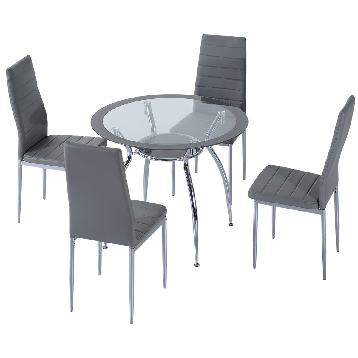 HOMCOM Five-Piece Dining Set, with Padded Chairs and Glass-Top Table - Grey