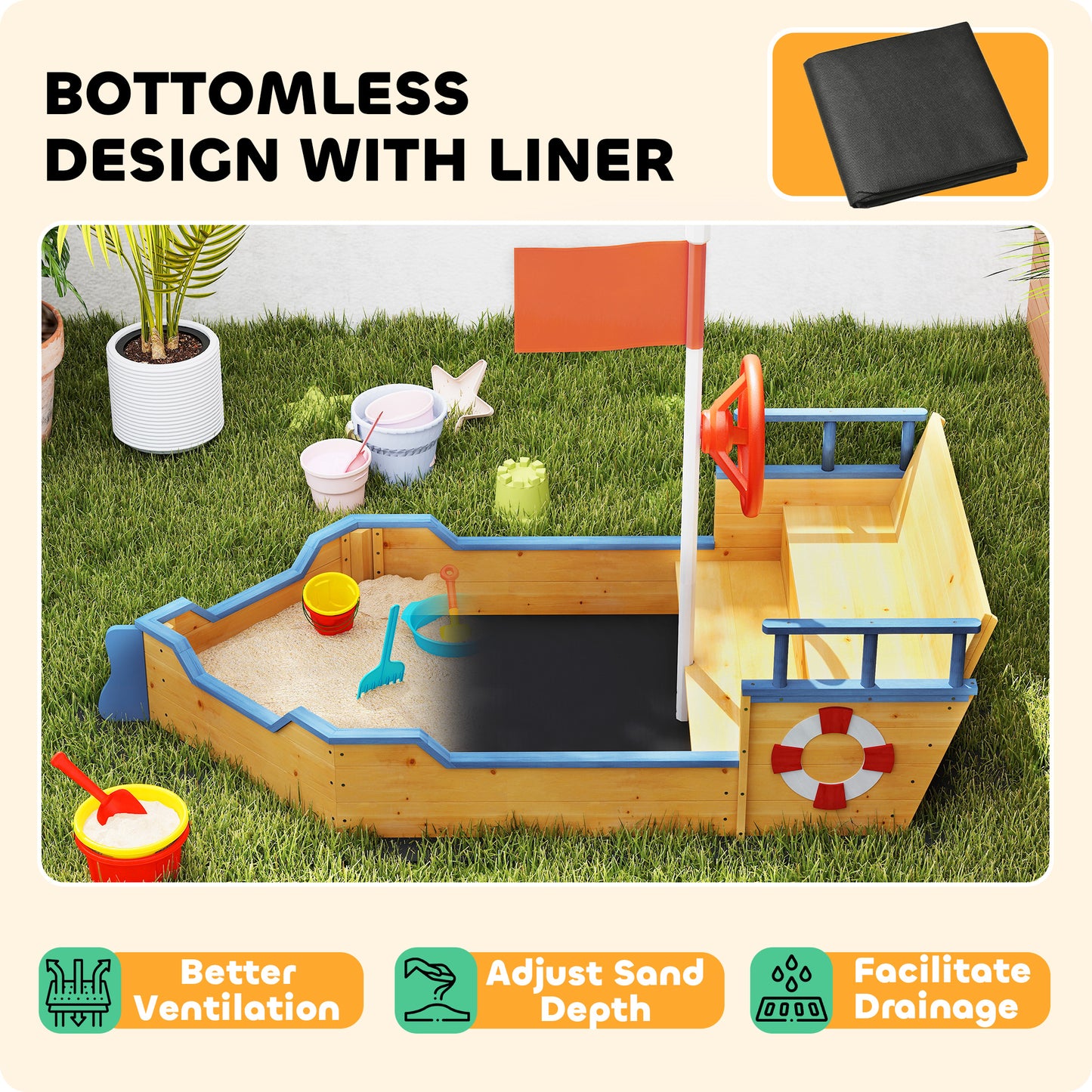 Outsunny Sand pit Kids Children Sandpit Wooden Pirate Ship Sandboat Outdoor Backyard Playset w/Bench Bottom Liner