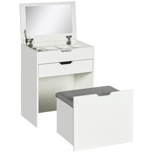 HOMCOM Dressing Table with Flip-up Mirror and Storage Stool, Vanity Table with Drawer and Hidden Compartments for Bedroom, Living Room, White