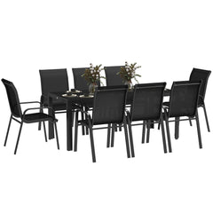 Outsunny 8 Seater Garden Dining Set with Stacking Chairs, Rectangular Tempered Glass Top, Garden Furniture Set, Outdoor Dining Table and Chairs for Patio, Balcony, Poolside, Black