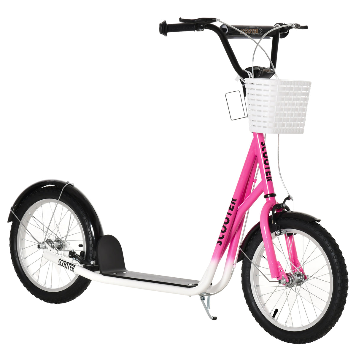 HOMCOM Kids Scooter, Kick Stunt Scooter with Adjustable Handlebar, Dual Brakes, Basket, Cupholder, Mudguard, 16" Inflatable Rubber Wheels, for 5-12 years, Pink