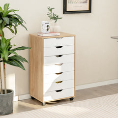 Mobile File Cabinet on Wheels with 7 Drawers-Natural