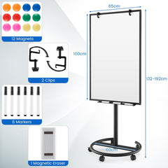 100 cm x 65 cm Height-Adjustable Magnetic Whiteboard on Wheels-Black & White