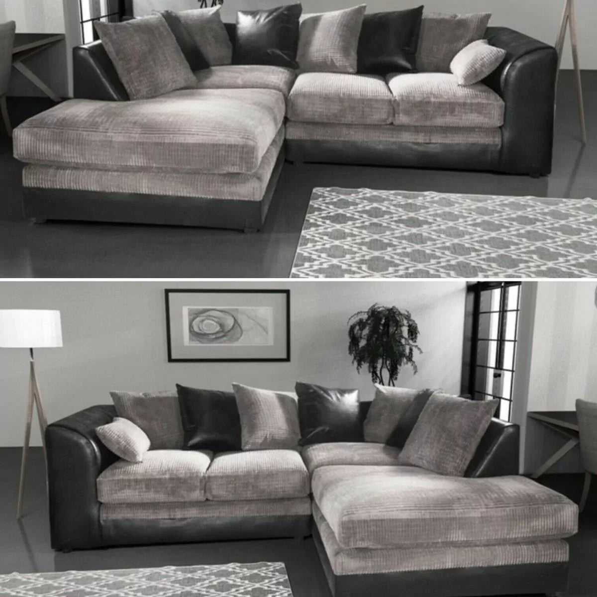 Modern Suite Cord Fabric Corner Sofa - Black and Grey