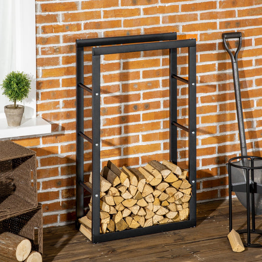 HOMCOM Metal Firewood Log Holder Tall Firewood Rack Indoor Outdoor Fireplace Wood Storage Shelf with Side Rails, Rust-Resistant, Black, 60W x 25D x 100H cm