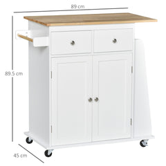 HOMCOM Kitchen Island on Wheels, Mobile Storage Trolley, Rolling Kitchen Cart with Rubber Wood Top, 2-Door Cabinets, 2 Drawers, Adjustable Shelf, 3-Tier Spice Rack, Drawers