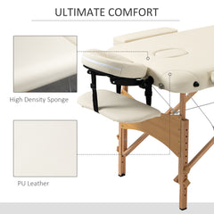 HOMCOM Portable Massage Bed, Folding Spa Beauty Massage Table with 2 Sections, Carry Bag and Wooden Frame, Cream