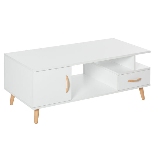 HOMCOM Modern Minimalism Coffee Table with Storage, Sofa Side Table with Shelf & Drawer for Living Room Reception Room, White