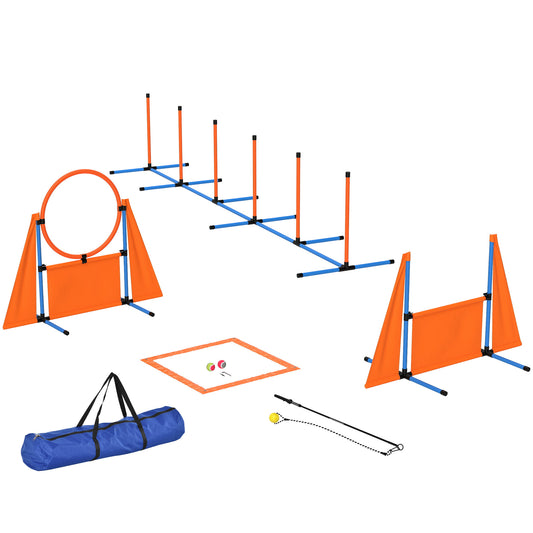 PawHut 7-Piece Dog Agility Equipment Set with Weave Poles, Jump Ring and Hurdle, Pause Box and Carry Bag, Orange