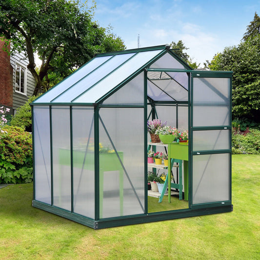 Outsunny 6 x 6ft Polycarbonate Greenhouse, Large Walk-In Green House with Slide Door and Window, Garden Plants Grow House with Aluminium Frame and Foundation, Dark Green