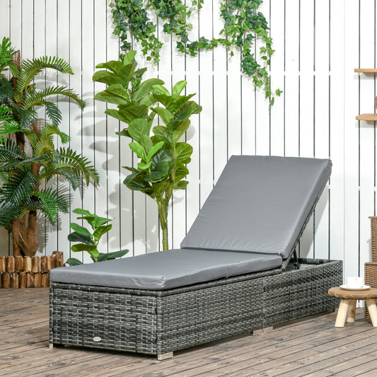 Outsunny PE Rattan Sun Lounger, Five-level Adjustable Recliner Bed Chair with Soft Padded Cushion for Patio, Garden, Mixed Grey