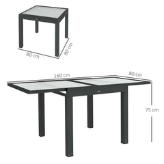 Outsunny Extending Garden Table, Outdoor Dining Table with Aluminium Frame and Tempered Glass Tabletop, 80/160 x 80 x 75 cm, Black and Clear