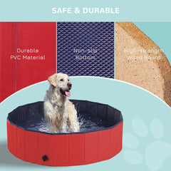 PawHut Foldable Dog Paddling Pool Pet Cat Swimming Pool Indoor/Outdoor Collapsible Summer Bathing Tub Shower Tub Puppy Washer (â120 √É‚Äî 30H cm, Red)