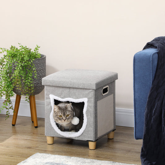 PawHut Cat House Cave, Cat Bed Cube with Scratching Pad, Soft Detachable & Washable Cushion, Toy Ball, for Indoor Kittens, Grey