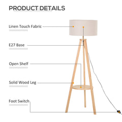 HOMCOM Free Standing Tripod Floor Lamp Bedside Light Reading Light with Storage Shelf Linen Shade for Living Room Bedroom, 154cm, Cream